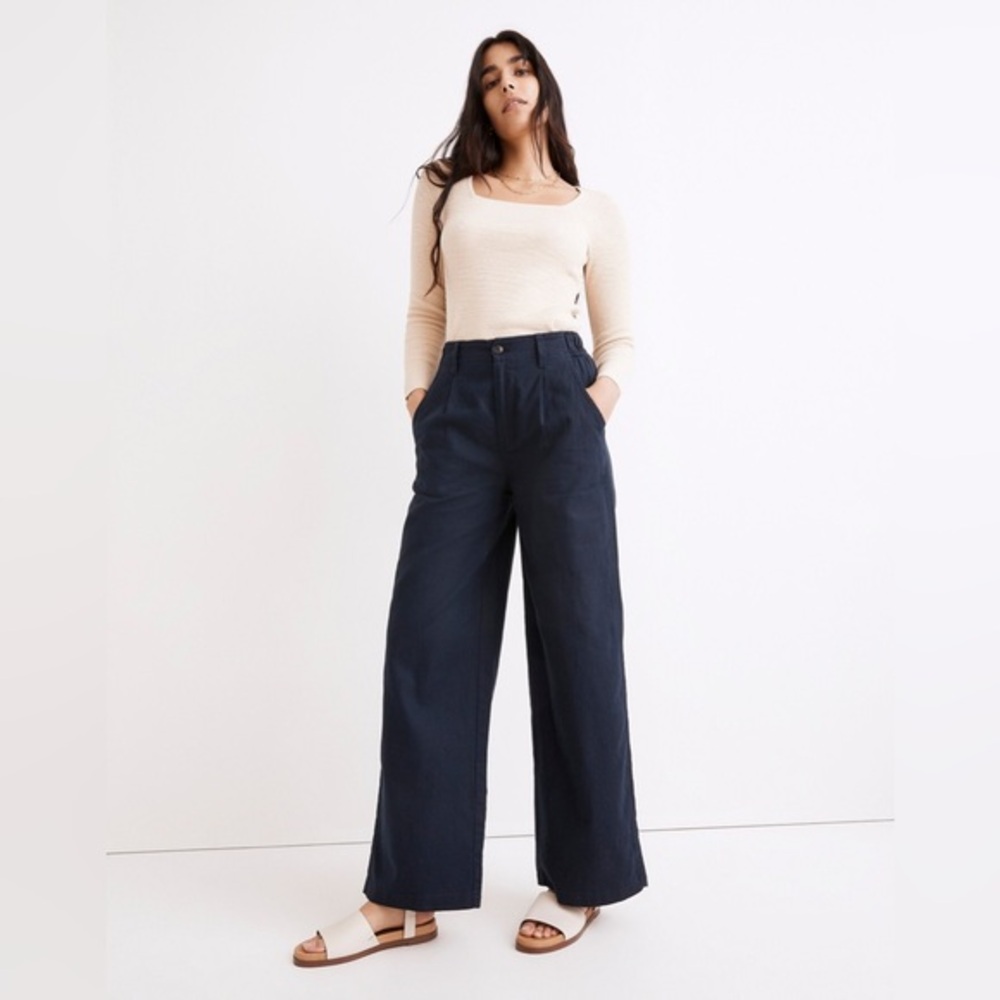 NWT Madewell Cotton-Linen Pleated Wide-Leg Pants in classic indigo